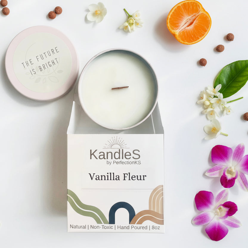 Vanilla Fleur Luxury Candle | 8oz Non-Toxic Soy Candle with Wooden Wick | Clean Burn