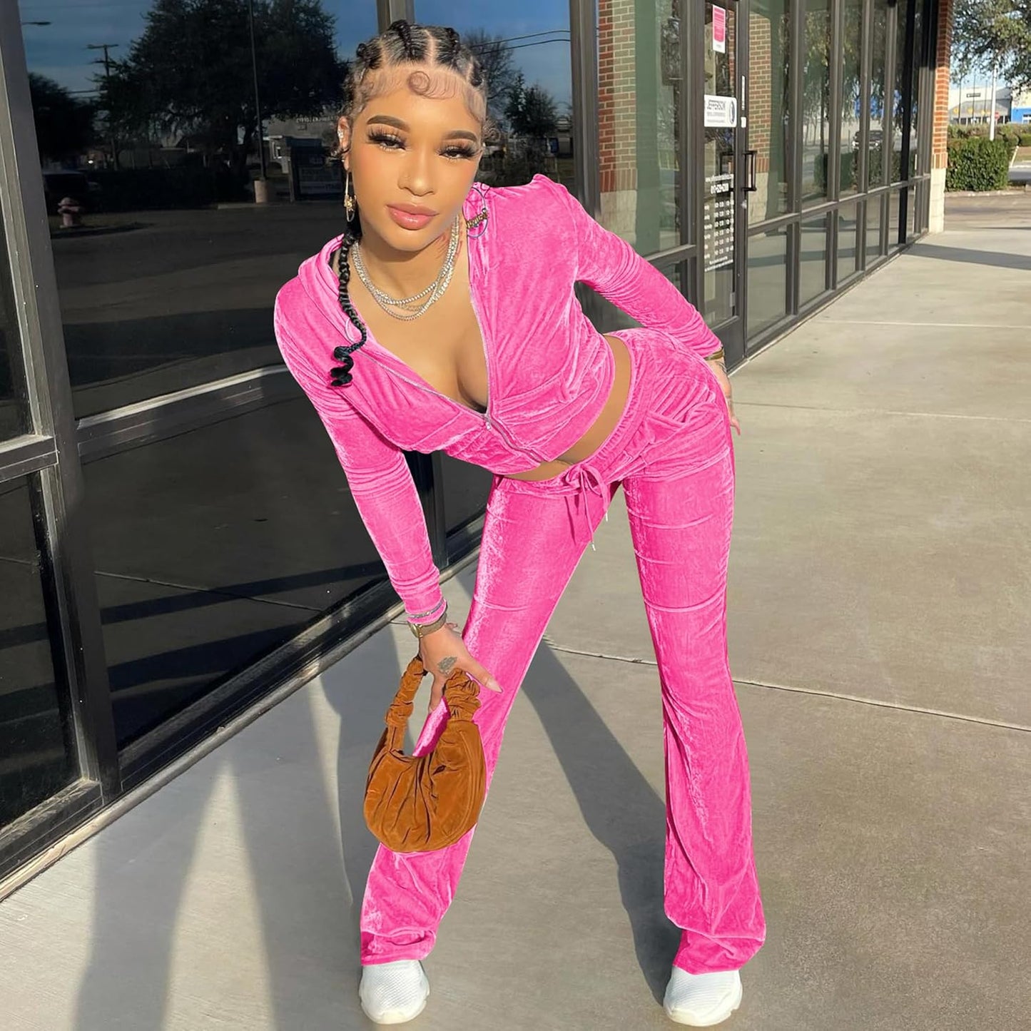 Womens Velour Tracksuit Two Piece Outfits for Women Long Sleeve Hooded Zip Crop Tops Flared Pants Set