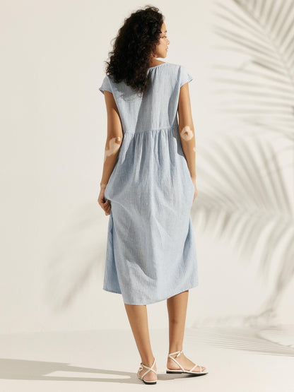 Linen Striped Cap Sleeve Washed Maxi Dress JOAN