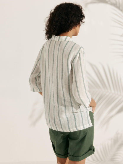 100% Linen Stripe Shawl V-Neck Half Sleeve Top JADE