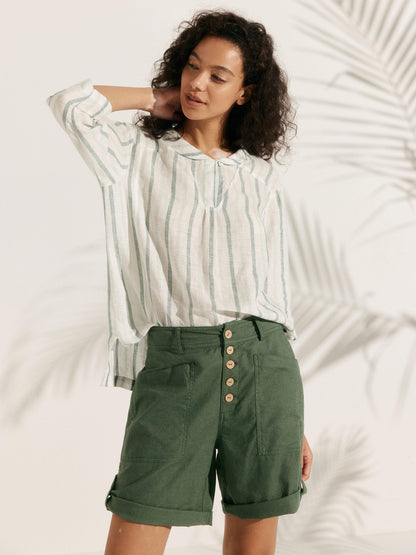 100% Linen Stripe Shawl V-Neck Half Sleeve Top JADE