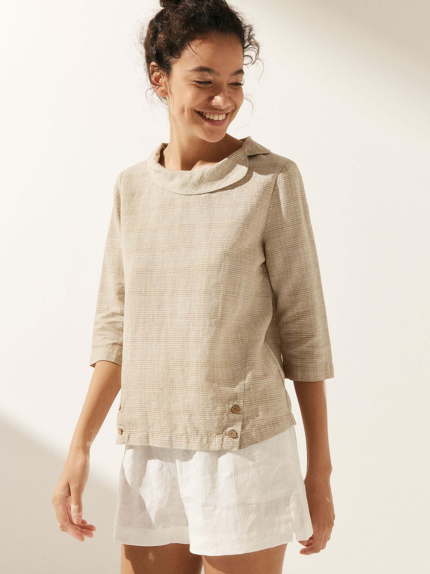 Linen Gingham Checked Round Soft-Fold Collar Top LAURA