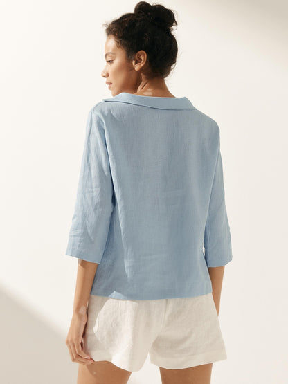 Linen Gingham Checked Round Soft-Fold Collar Top LAURA