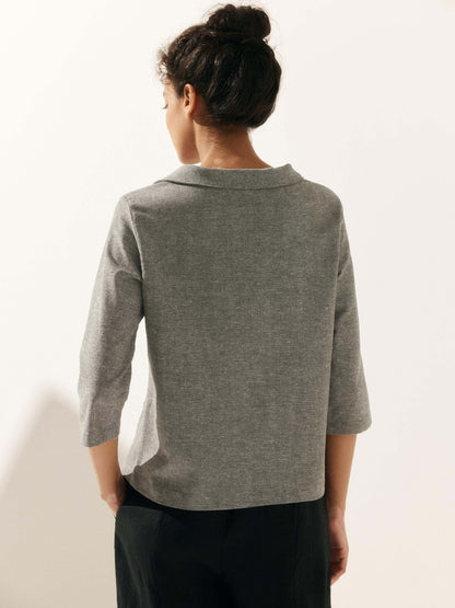 Linen Gingham Checked Round Soft-Fold Collar Top LAURA