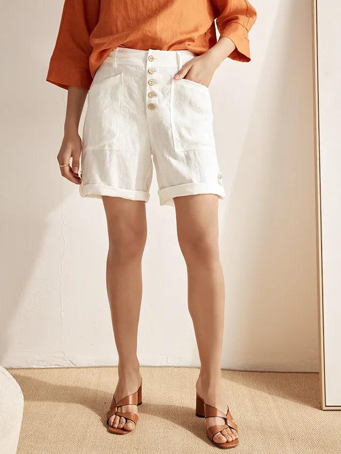Linen Button-Fly Quarter Shorts LUCY