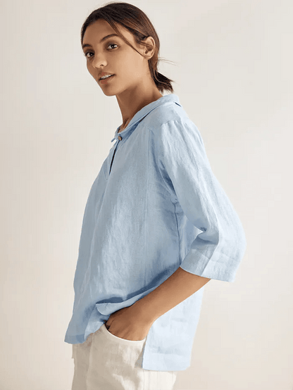 100% Linen Stripe Shawl V-Neck Half Sleeve Top JADE