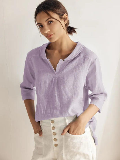 100% Linen Stripe Shawl V-Neck Half Sleeve Top JADE