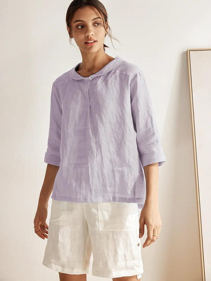 100% Linen Stripe Shawl V-Neck Half Sleeve Top JADE