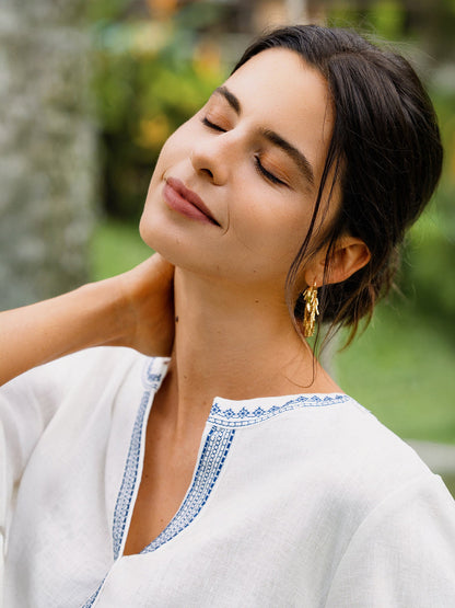 100% Linen Embroidered V-Neck Midi Dress with Belt FELLIS