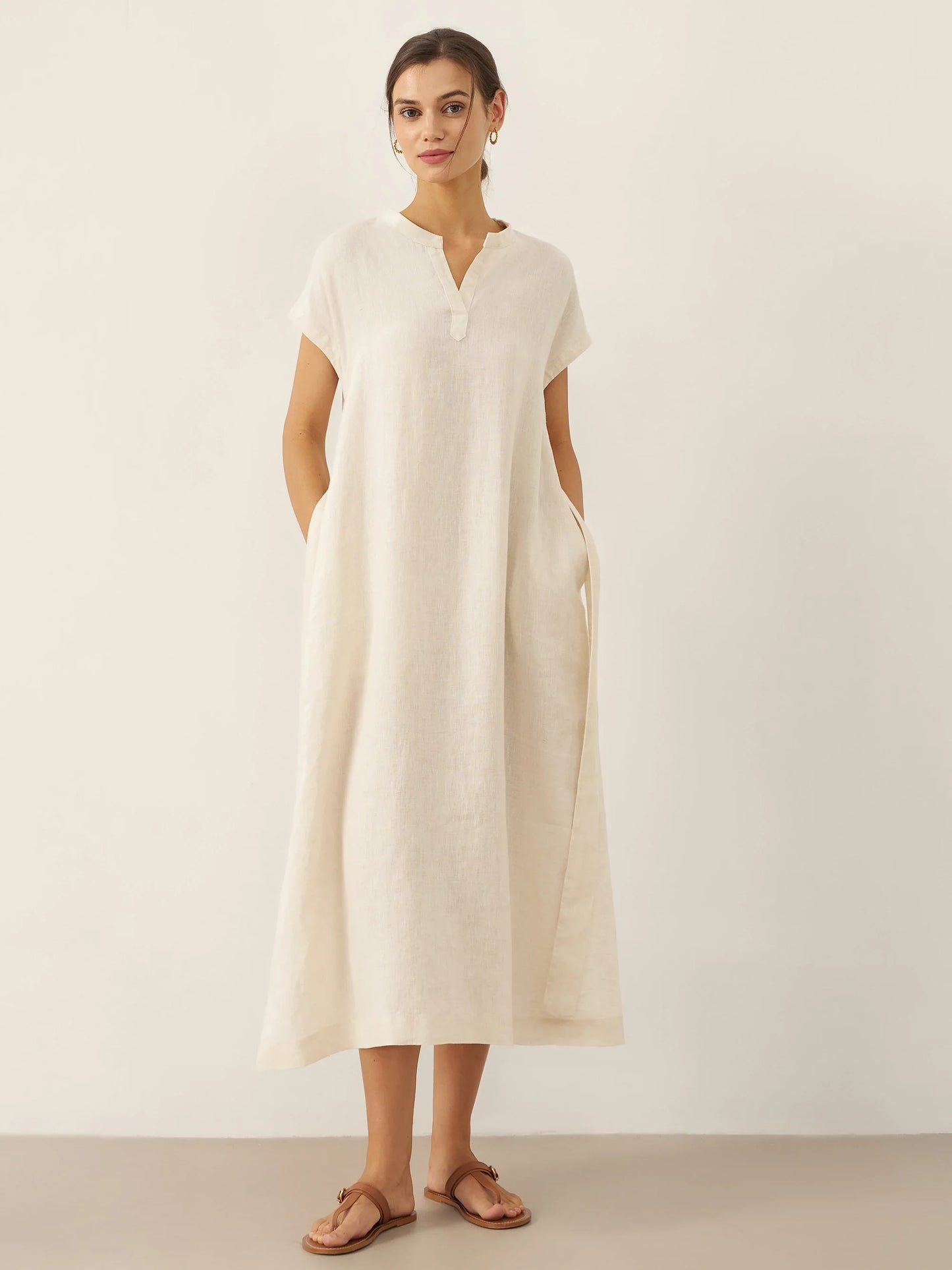 100% Linen Mandarin Collar Maxi Dress with Detachable Belt MARGARET