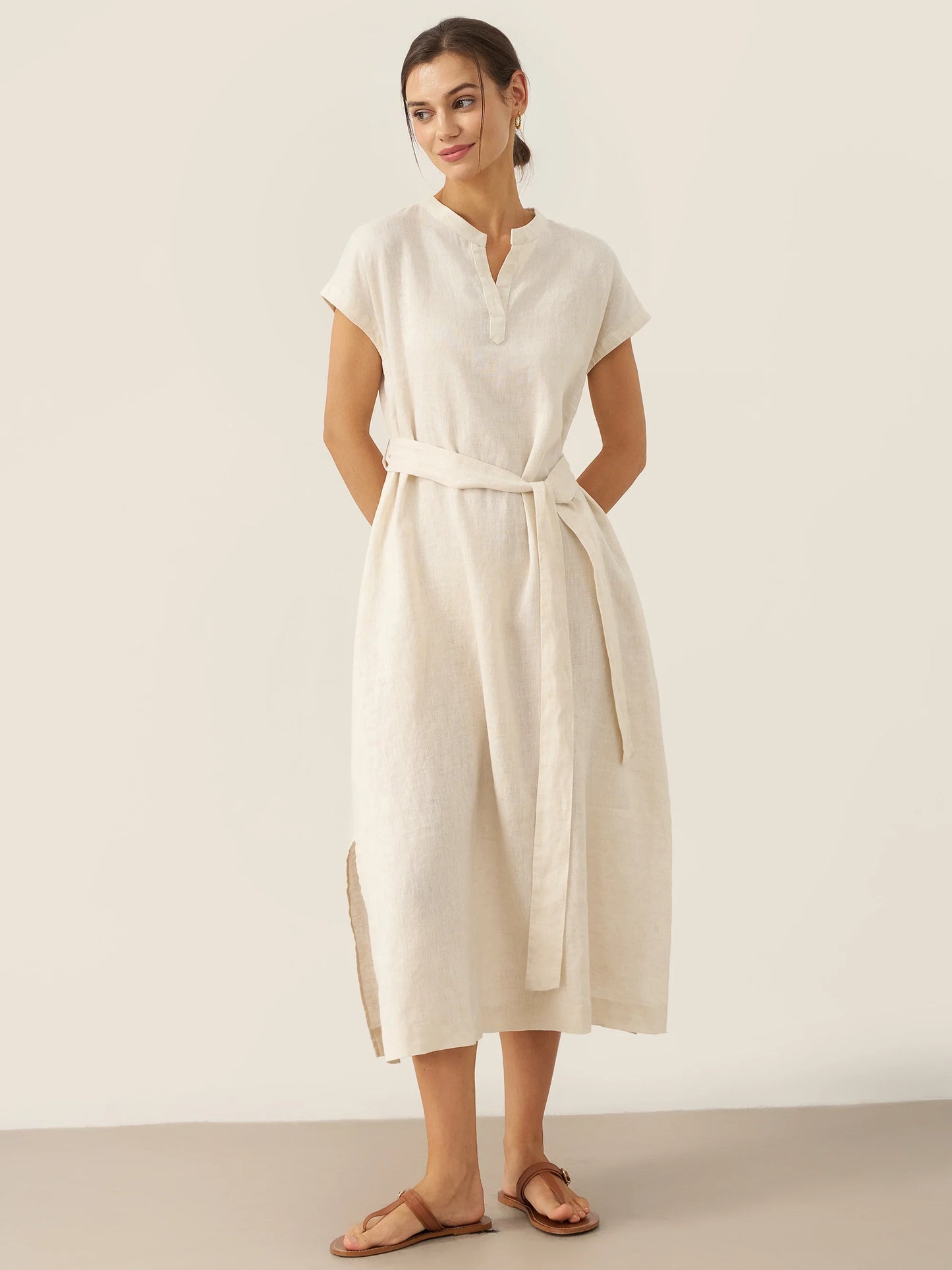 100% Linen Mandarin Collar Maxi Dress with Detachable Belt MARGARET