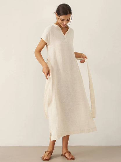 100% Linen Mandarin Collar Maxi Dress with Detachable Belt MARGARET