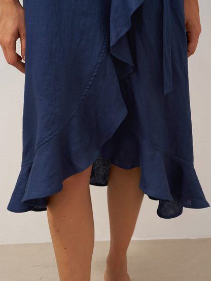100% Linen V-Neck One-Piece Ruffle Hem Maxi Dress MAYA