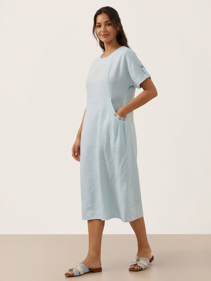 100% Linen Vintage A-Line Button Detail Maxi Dress AMIN
