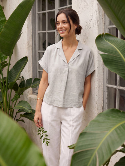 100% Linen Blazer-Inspired Pullover Top DINA
