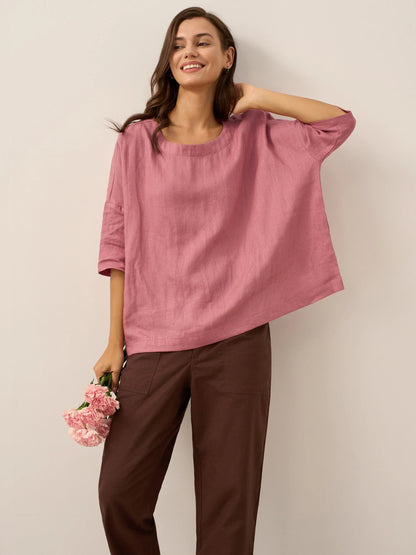 100% Linen Boatneck 3/4 Length Sleeve Top AURORA