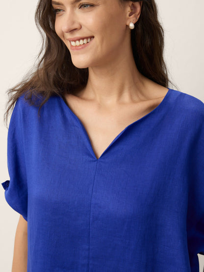 100% Linen Bow-Tie Cuff Split-Hem Midi Dress JESSAMINE