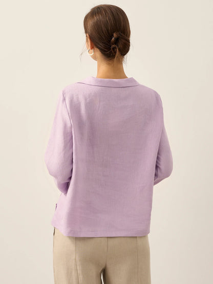 Linen Gingham Checked Round Soft-Fold Collar Top LAURA