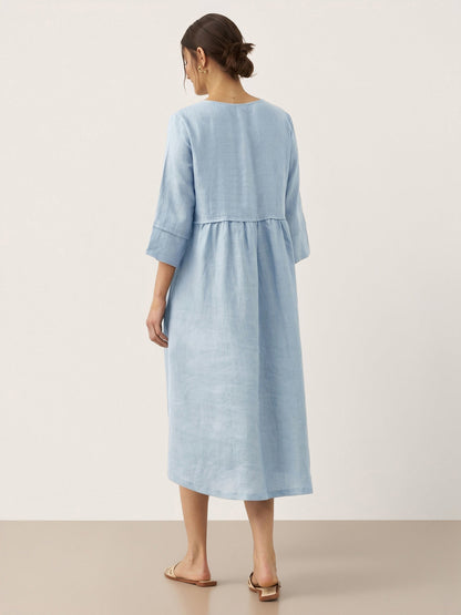 100% Linen Loose Fit Button Waist Gathered Maxi Dress LUNA