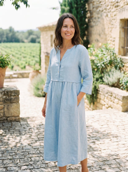 100% Linen Loose Fit Button Waist Gathered Maxi Dress LUNA