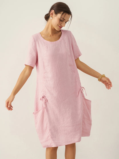 100% Linen Round Neck Patch Pocket Midi Dress XENA