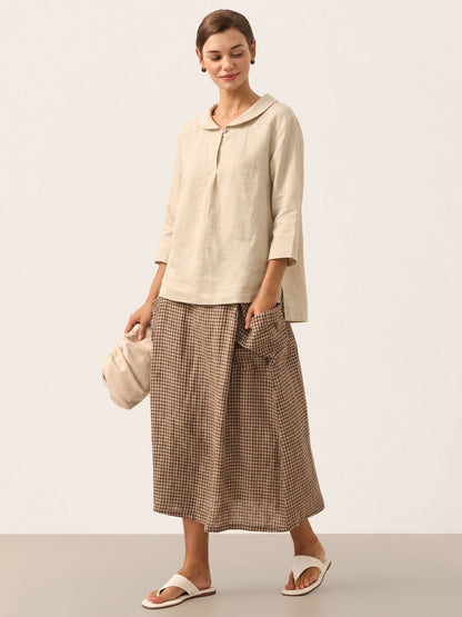100% Linen Stripe Shawl V-Neck Half Sleeve Top JADE