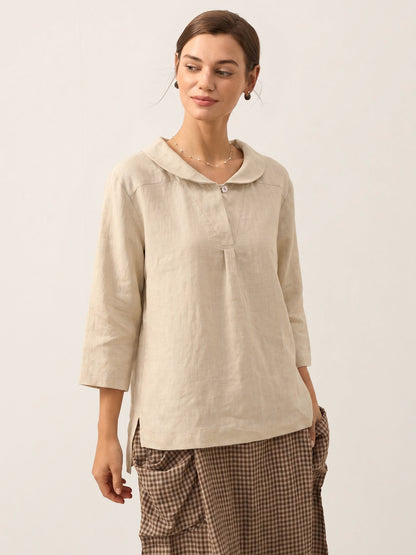 100% Linen Stripe Shawl V-Neck Half Sleeve Top JADE