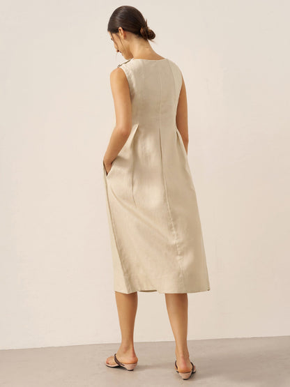 100% Linen Sleeveless Shoulder Button Midi Dress FREYA