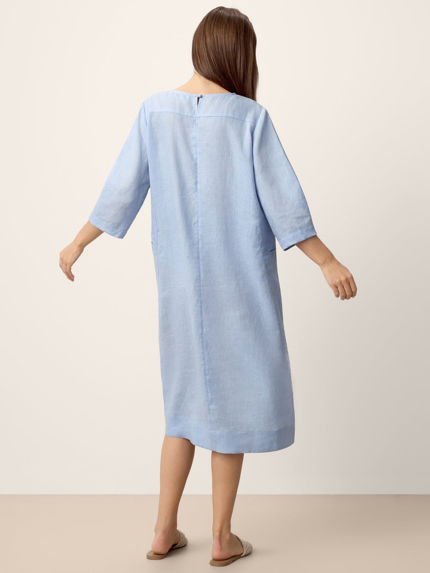 100% Linen Split-Neck Patch-Pocket Midi Dress KALINA