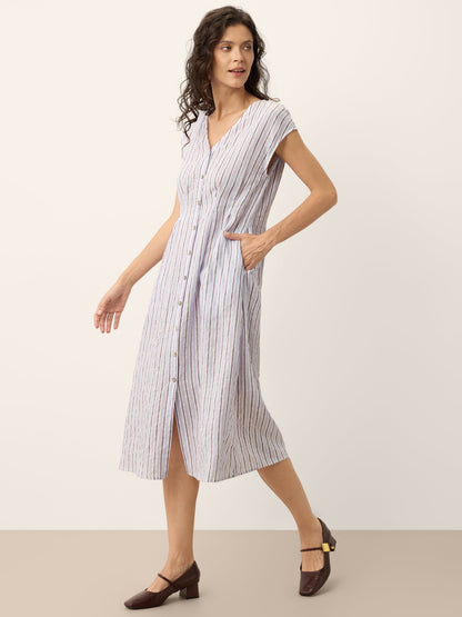 100% Linen Striped Tailored Cap Sleeve Maxi Dress AGNES