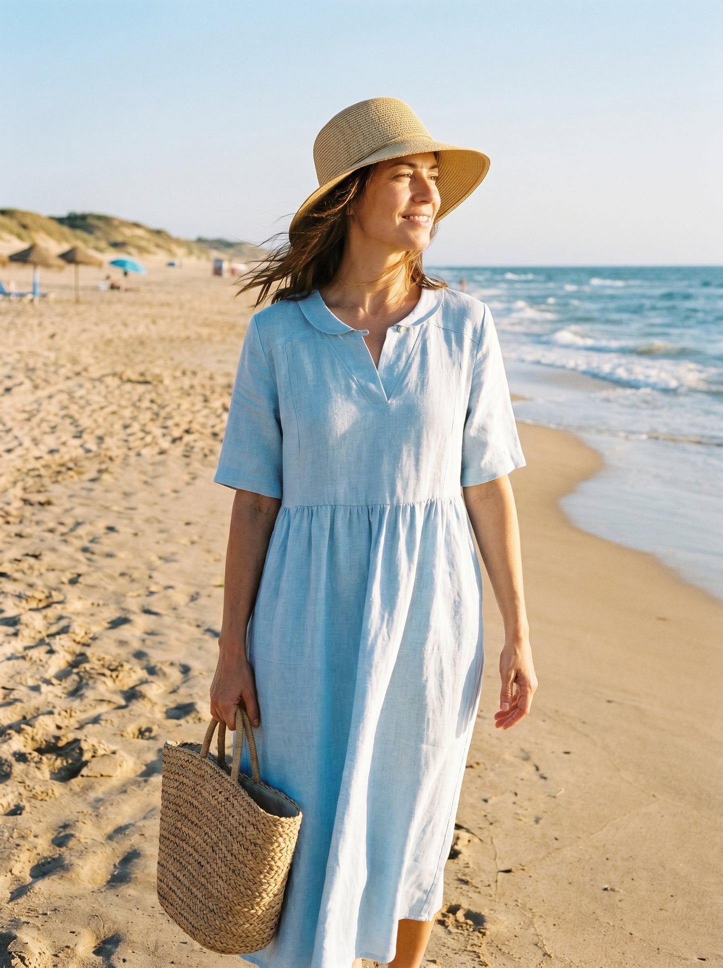 100% Linen Shawl V-Neck Pleated Maxi Dress SUSAN