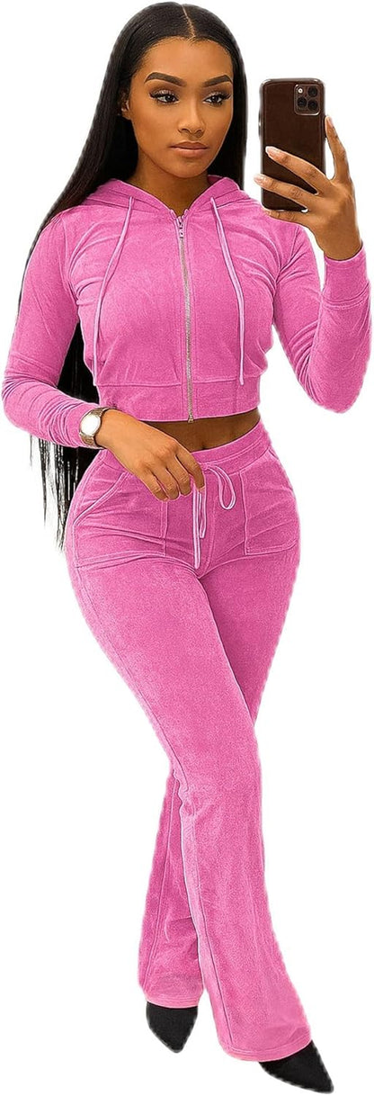 Womens Velour Tracksuit Two Piece Outfits for Women Long Sleeve Hooded Zip Crop Tops Flared Pants Set