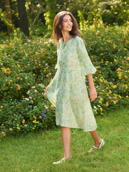 100% Linen A-Line Ruffled Collar Tie-Neck Midi Dress LIVIA