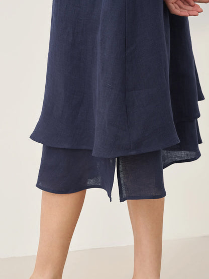 100% Linen V-Neck Double-Layer Midi Dress JAYDA