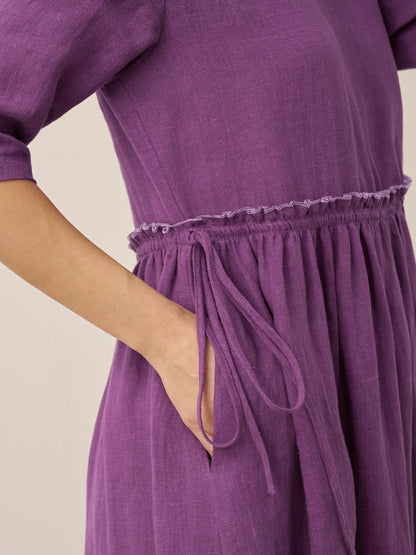 100% Linen Petal-Waist Drawstring Midi Dress JASMINE