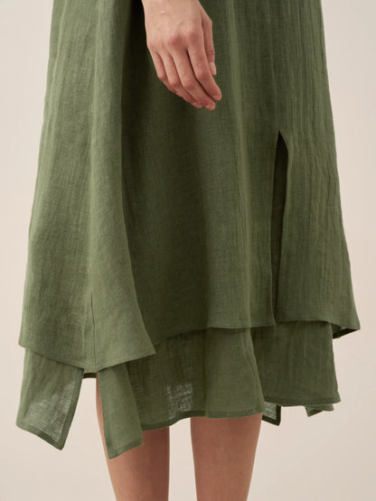 100% Linen V-Neck Double-Layer Midi Dress JAYDA