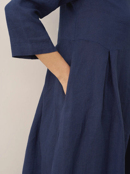 100% Linen Bateau Neck Pleated Maxi Dress