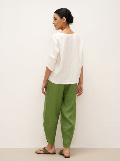 100% Linen Round Neck Petal-Sleeve Pullover LAUREL