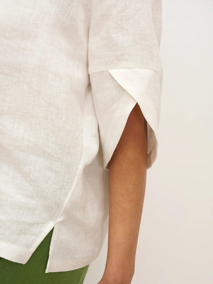 100% Linen Round Neck Petal-Sleeve Pullover LAUREL