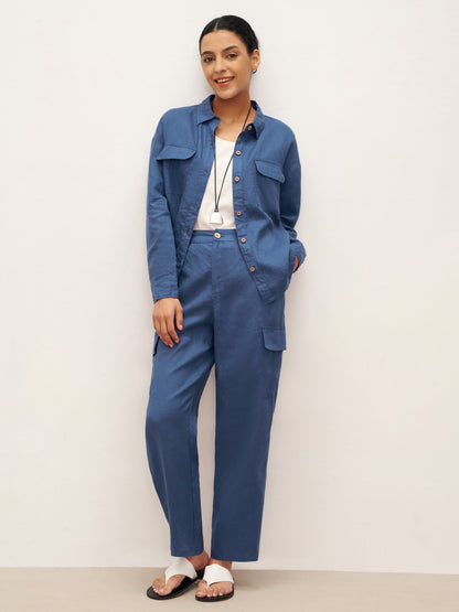 100% Linen Cargo Tapered Trousers with Patch Pockets JESSE