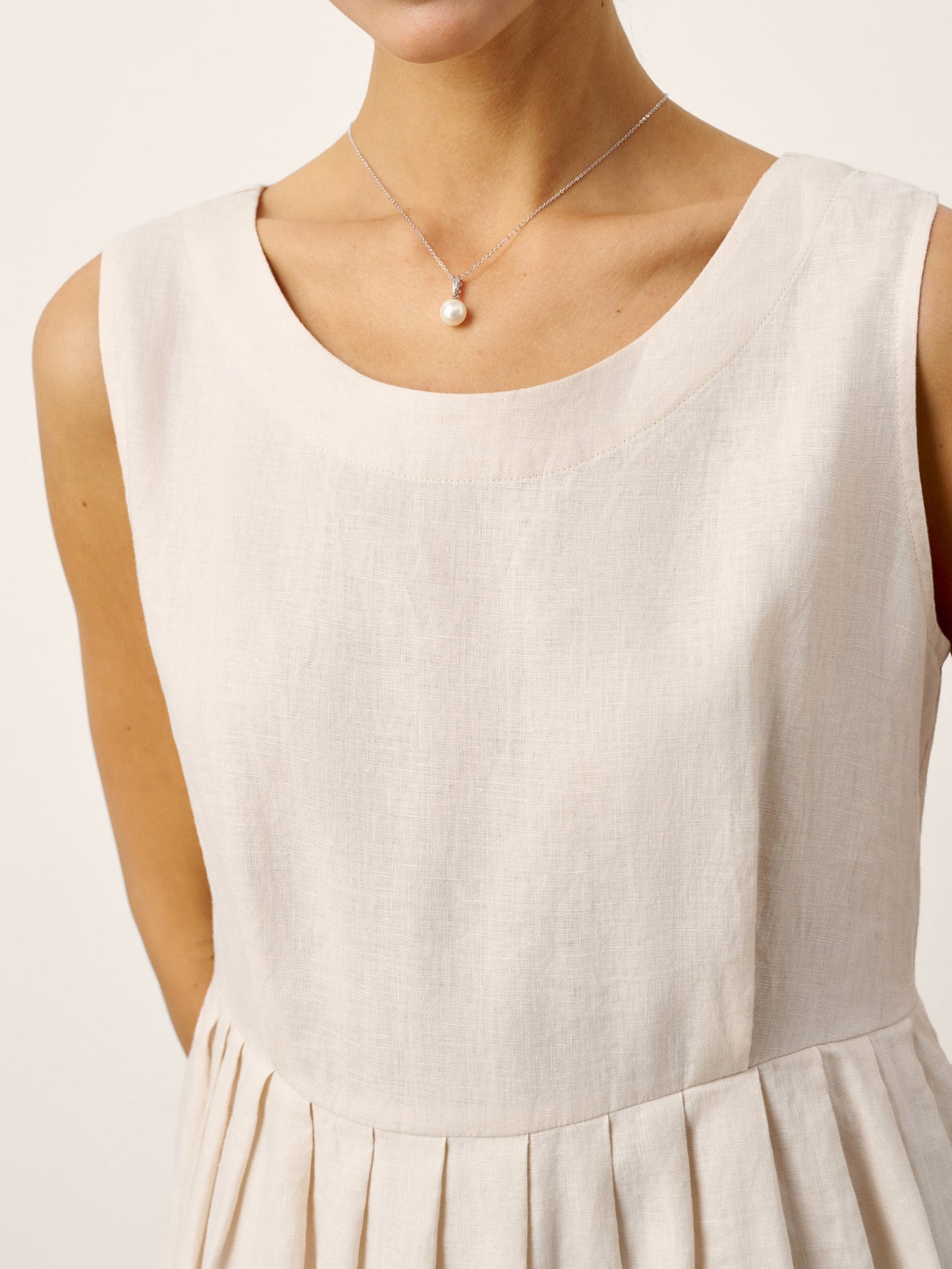 100% Linen Sleeveless Crew Neck Waist Pleated Maxi Dress SELENE