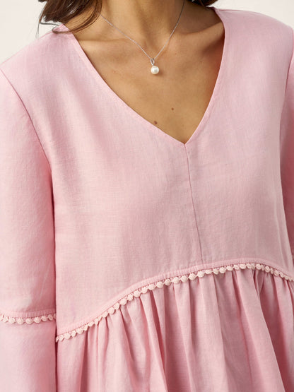 100% Linen V-Neck Ruffle Hem Midi Dress with Crochet Trim MARTHA