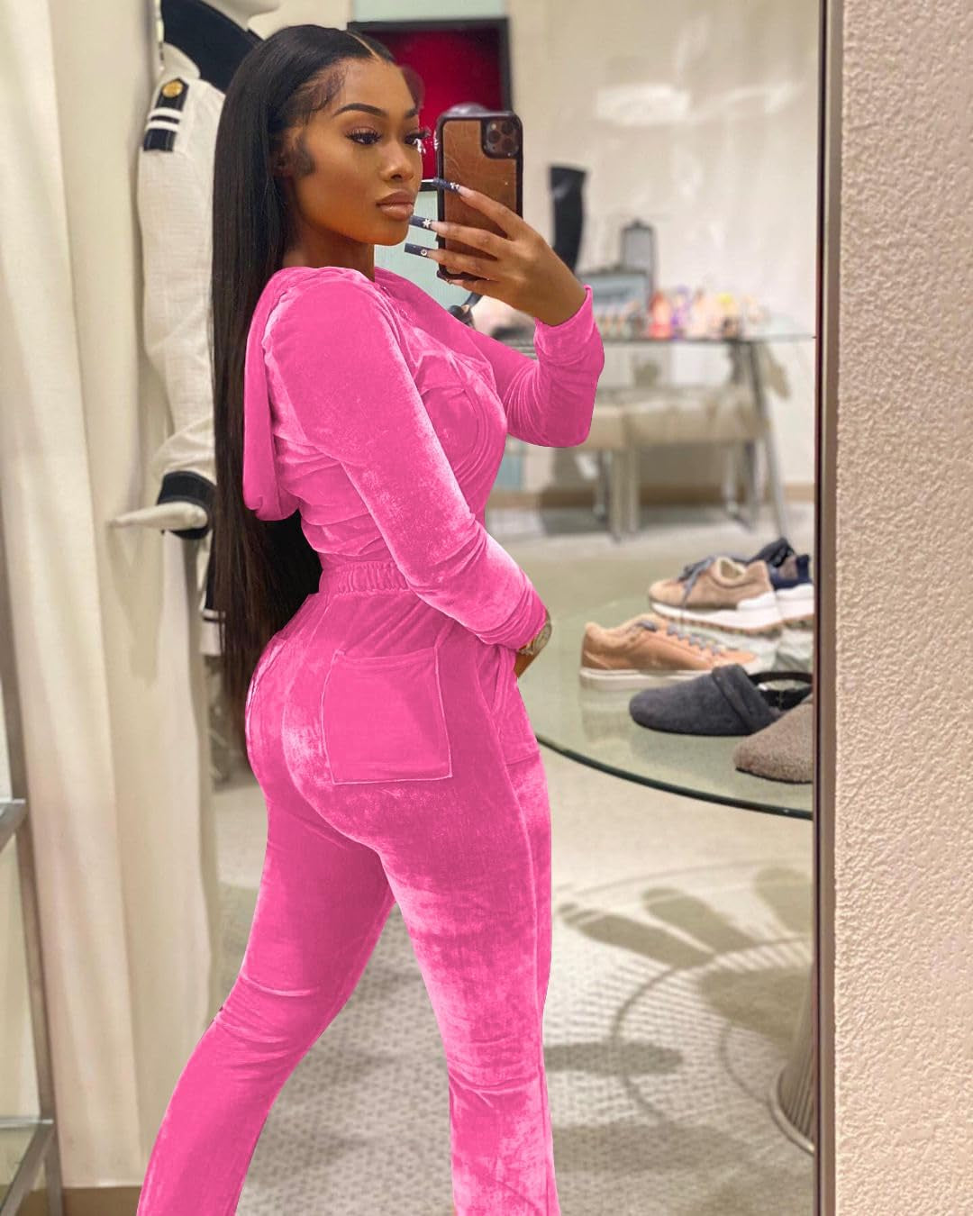 Womens Velour Tracksuit Two Piece Outfits for Women Long Sleeve Hooded Zip Crop Tops Flared Pants Set
