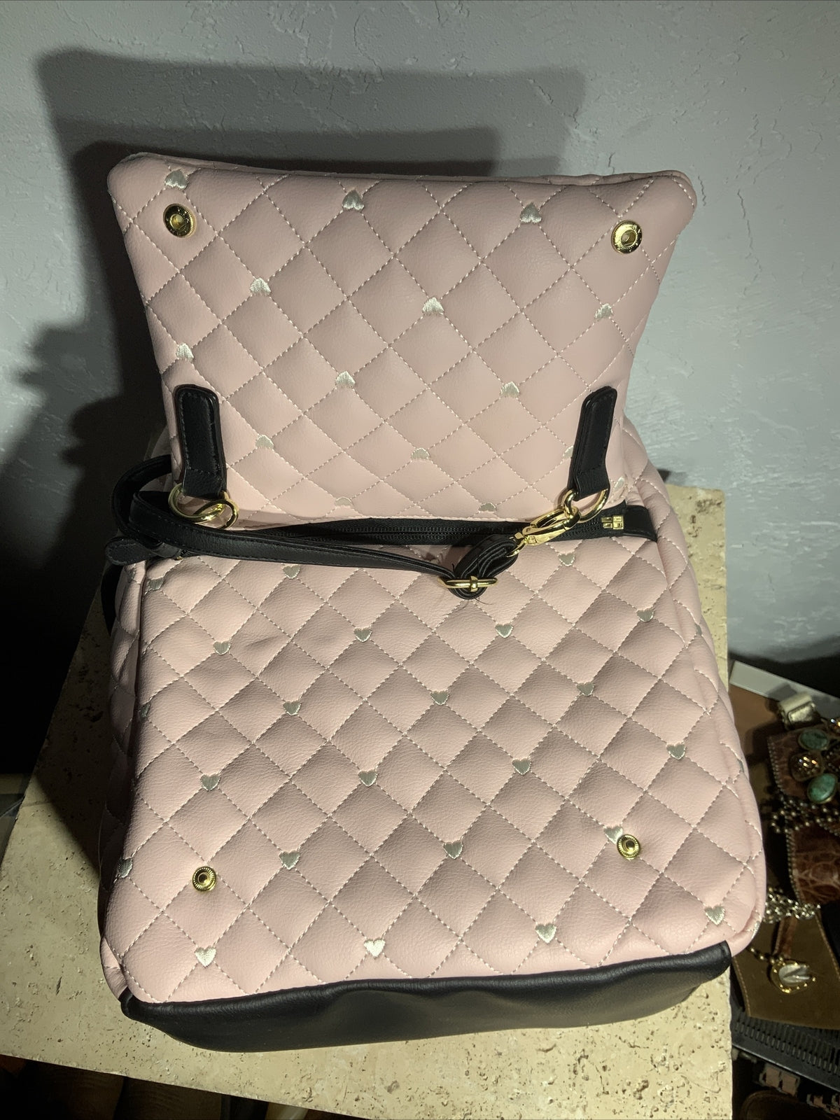 Luv Betsey Johnson LBJAX Quilted Pink/White Combo Backpack Detachable Crossbody