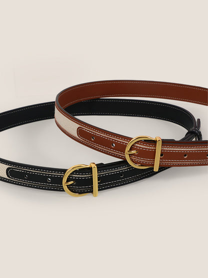 Premium Cowhide & Fabric Patchwork Belt With Alloy Buckle