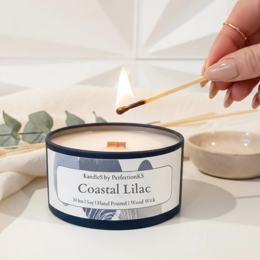 Coastal Lilac Luxury Candle | 8oz Non-Toxic Soy Candle with Wooden Wick | Clean Burn