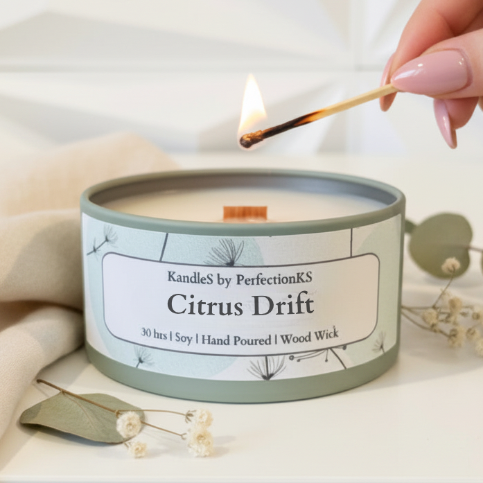 Citrus Drift Luxury Candle | 8oz Non-Toxic Soy Candle with Wooden Wick | Clean Burn