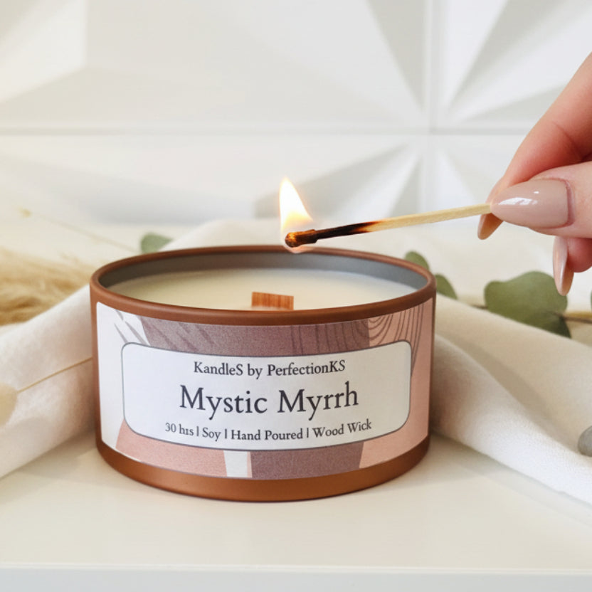 Mystic Myrrh Amber Luxury Candle | 8oz Non-Toxic Soy Candle with Wooden Wick | Clean Burn