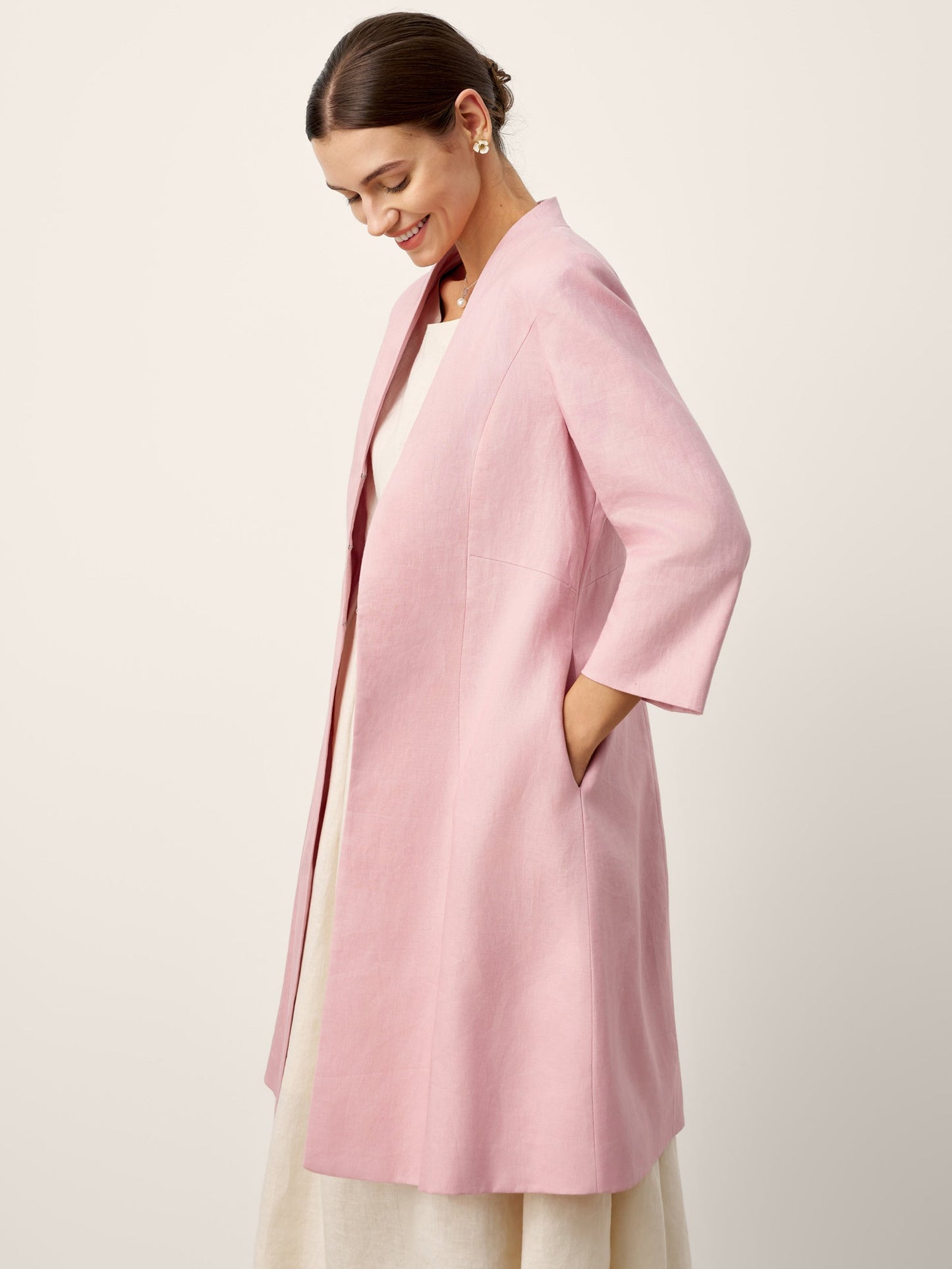 100% Linen Sculpted Waist V-neck Longline Jacket Top AZURA
