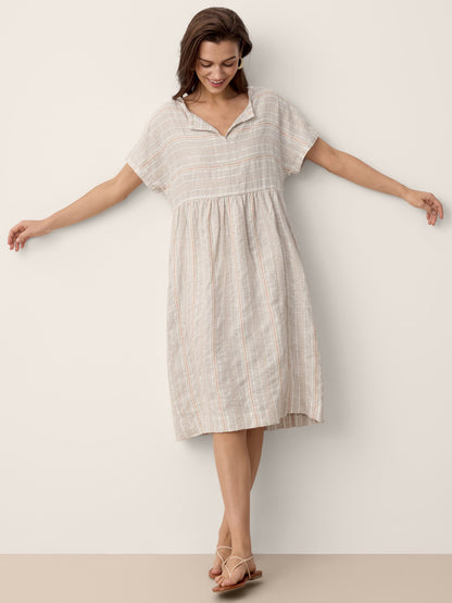 Linen Gathered-Hem Split-Neck Midi Dress SYDNEY